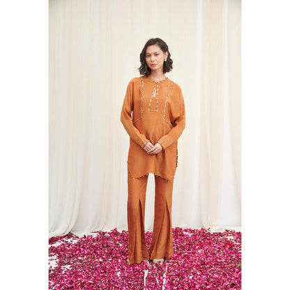 RIRASA Mayur Mustard Embroidered Tissue Kurta With Pants