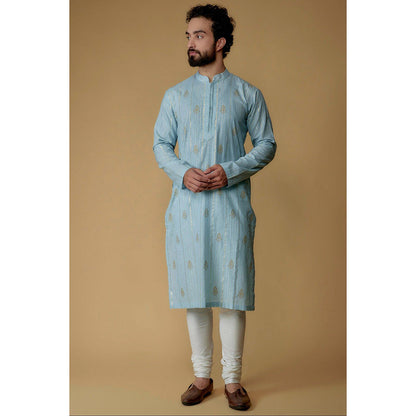 Ritambh by Rishi & Sachin Sky Blue Cotton Lurex Printed and Embellished Kurta