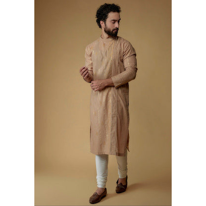 Ritambh by Rishi & Sachin Tan Brown Cotton Lurex Printed and Embellished Kurta