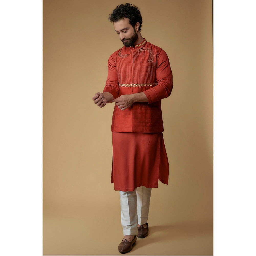 Ritambh by Rishi & Sachin Crimson Red Silk Dupion Zari Embroidered Nehru Jacket with Kurta