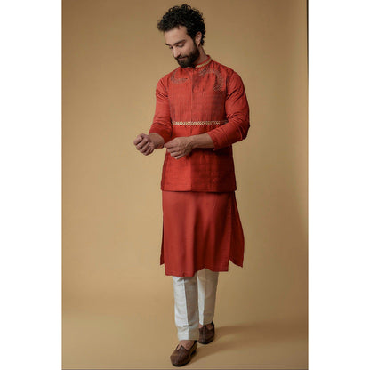 Ritambh by Rishi & Sachin Crimson Red Silk Dupion Zari Embroidered Nehru Jacket with Kurta