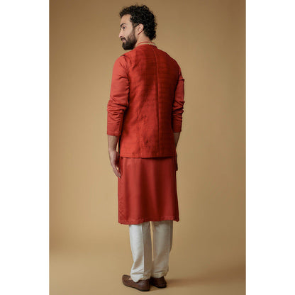 Ritambh by Rishi & Sachin Crimson Red Silk Dupion Zari Embroidered Nehru Jacket with Kurta