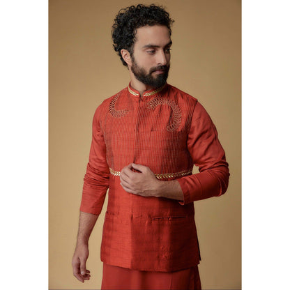 Ritambh by Rishi & Sachin Crimson Red Silk Dupion Zari Embroidered Nehru Jacket with Kurta