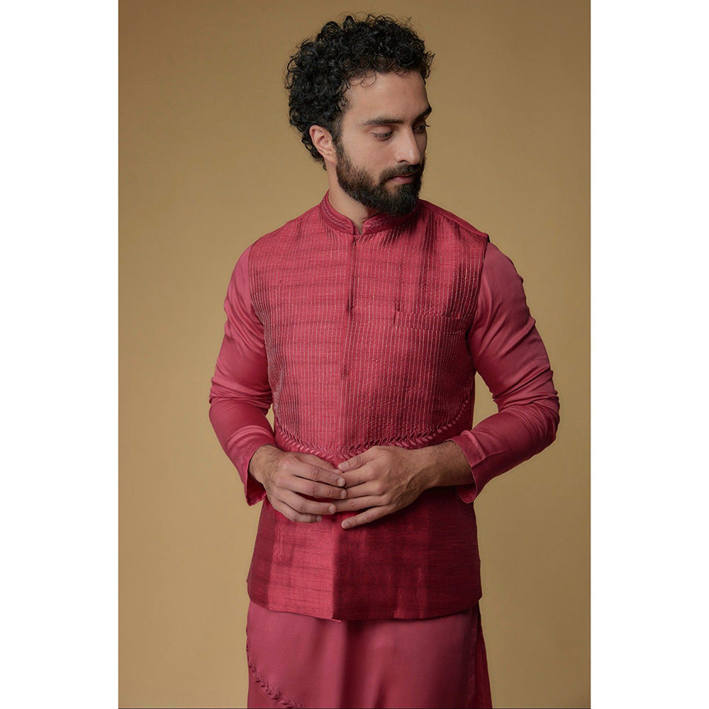 Ritambh by Rishi & Sachin Hibiscus Pink Silk Dupion Zari Embroidered Nehru Jacket with Kurta
