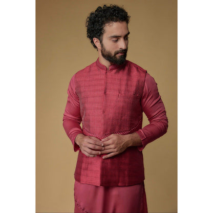 Ritambh by Rishi & Sachin Hibiscus Pink Silk Dupion Zari Embroidered Nehru Jacket with Kurta