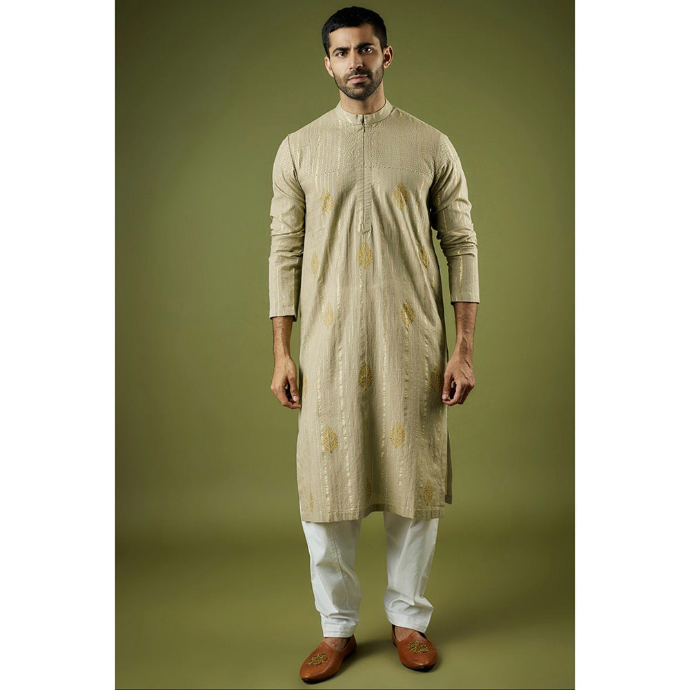 Ritambh by Rishi & Sachin Light Green Cotton Lurex Block Printed Kurta