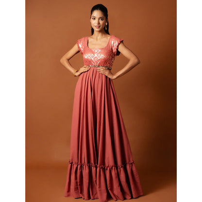 Ritambh by Rishi & Sachin Pink Rosa Brocade Gown with Belt