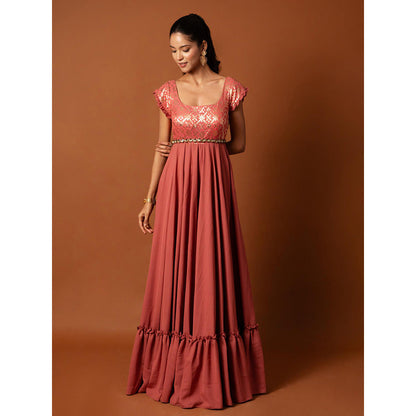 Ritambh by Rishi & Sachin Pink Rosa Brocade Gown with Belt