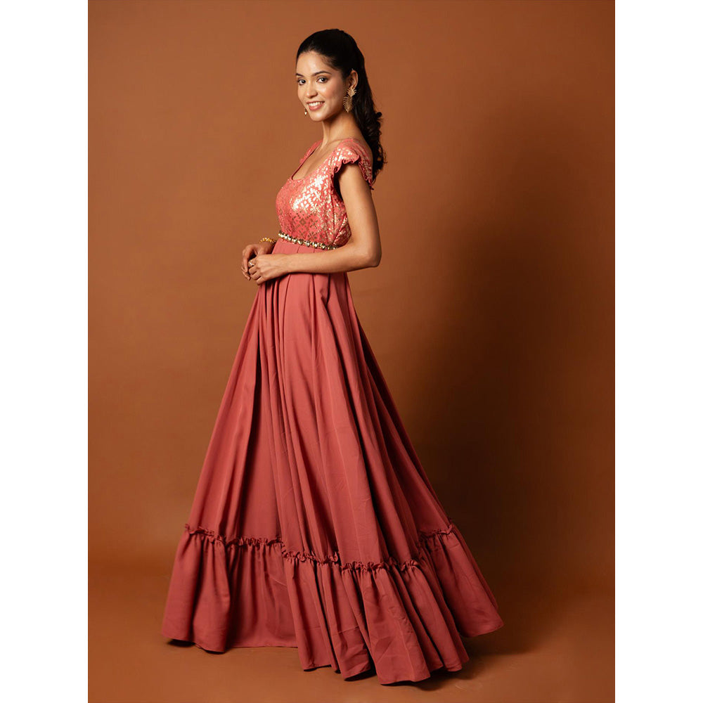 Ritambh by Rishi & Sachin Pink Rosa Brocade Gown with Belt