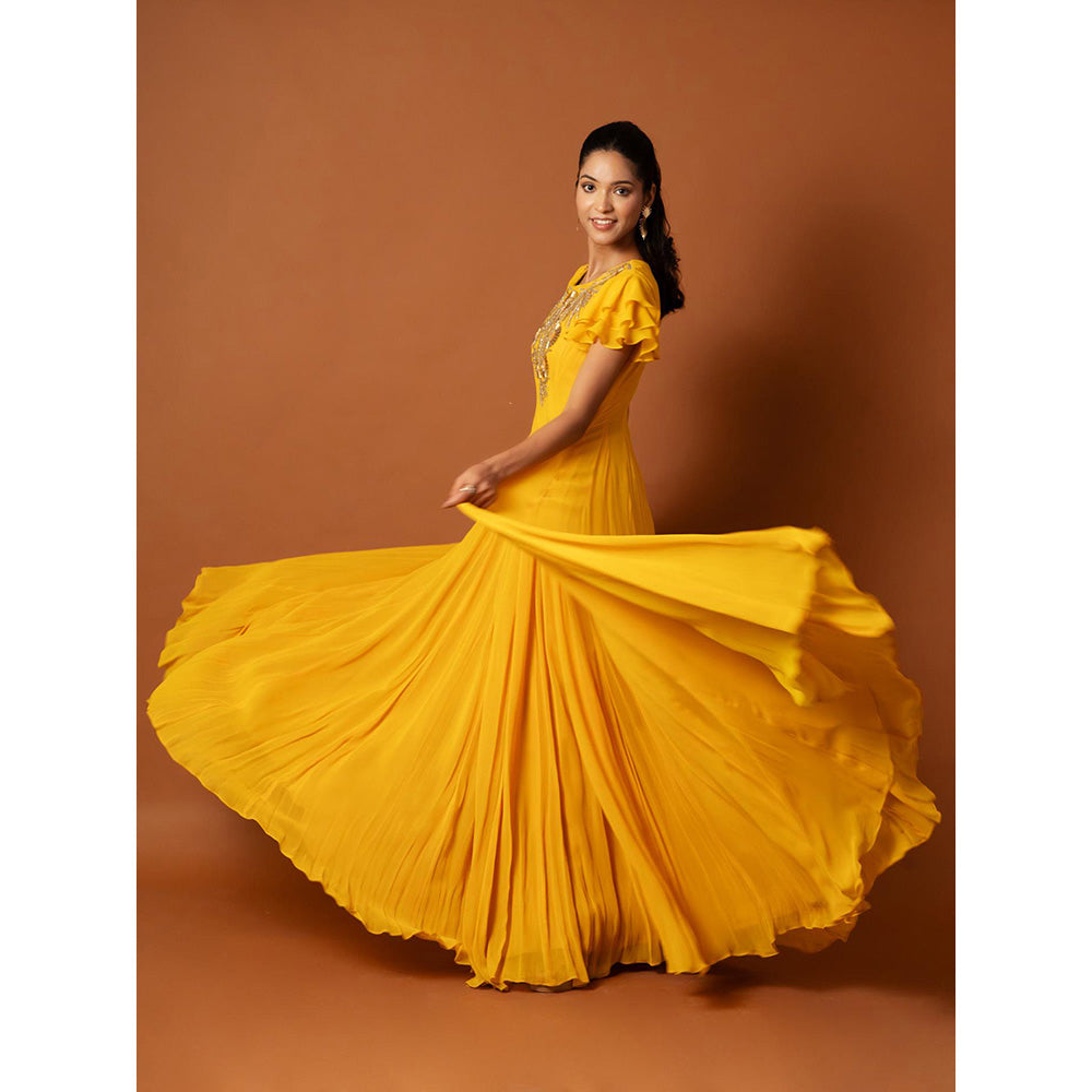 Ritambh by Rishi & Sachin Rosa Yellow Frill Gown
