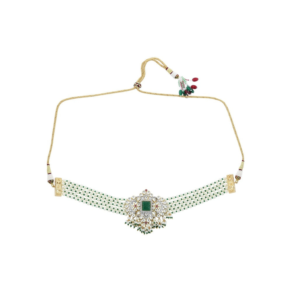 Ritu Singh Kundan Choker with Green Stone and Layered Pearl Strings