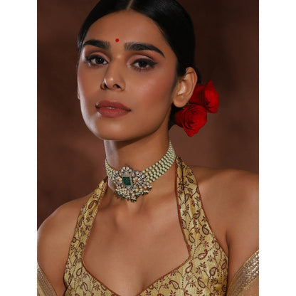 Ritu Singh Kundan Choker with Green Stone and Layered Pearl Strings