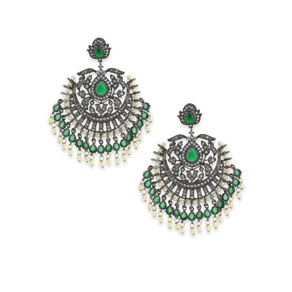 Ritu Singh Green Diamond Chand Earrings with Pearls