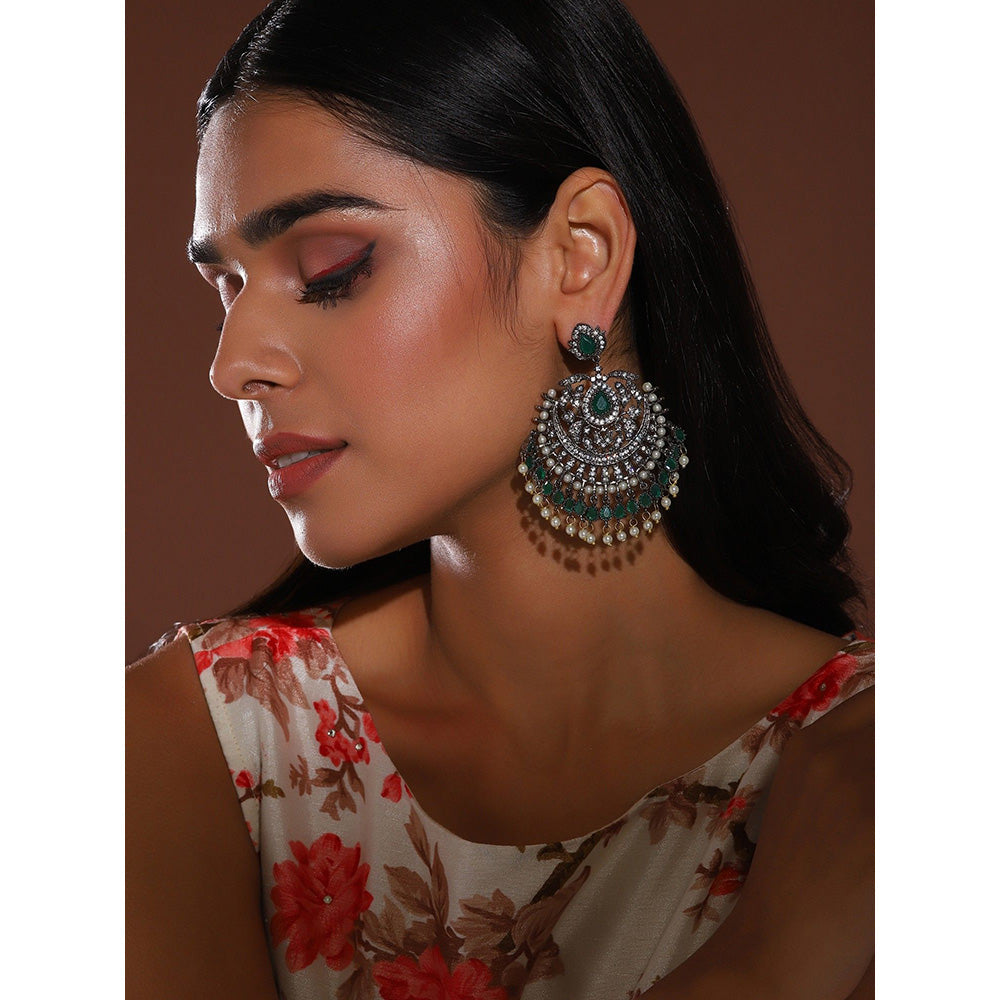 Ritu Singh Green Diamond Chand Earrings with Pearls