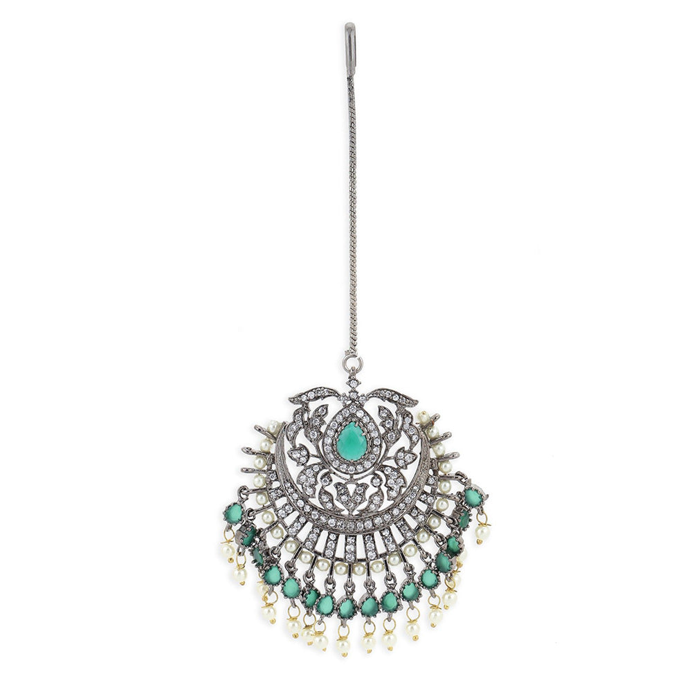 Ritu Singh Green Stone and Diamond Pearl Maang Tikka