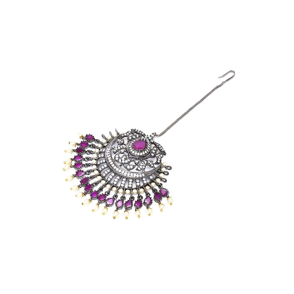 Ritu Singh Oversized Diamond and Maroon Stone Maang Tikka