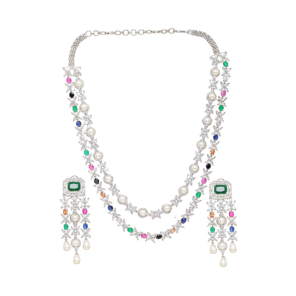 Ritu Singh Multi Stone Double Layered Long Necklace with Matching Earrings Set