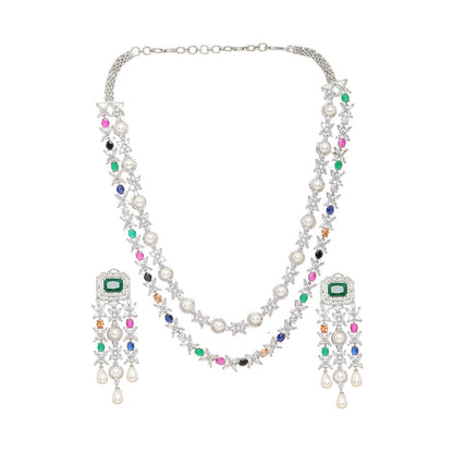 Ritu Singh Multi Stone Double Layered Long Necklace with Matching Earrings Set