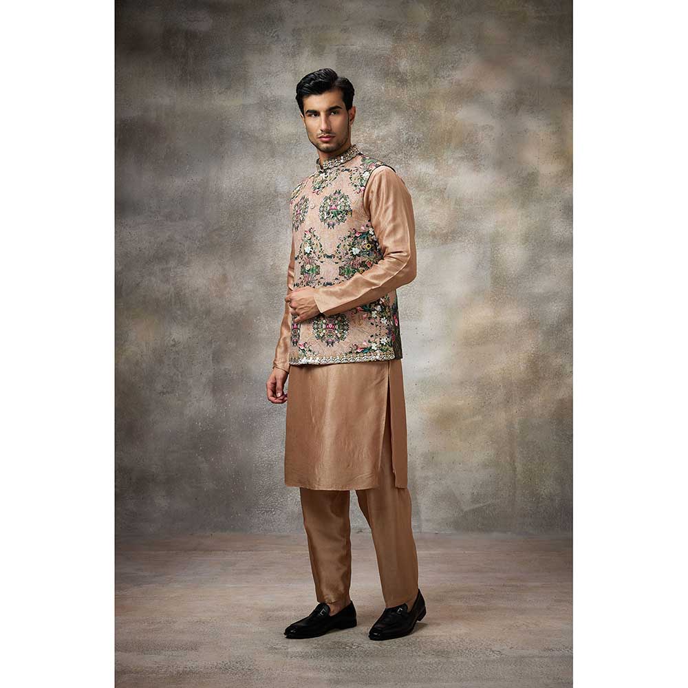 Rivaar by Rocky Star Beige Floral Kurta with Pant and Nehru Jacket (Set of 3)