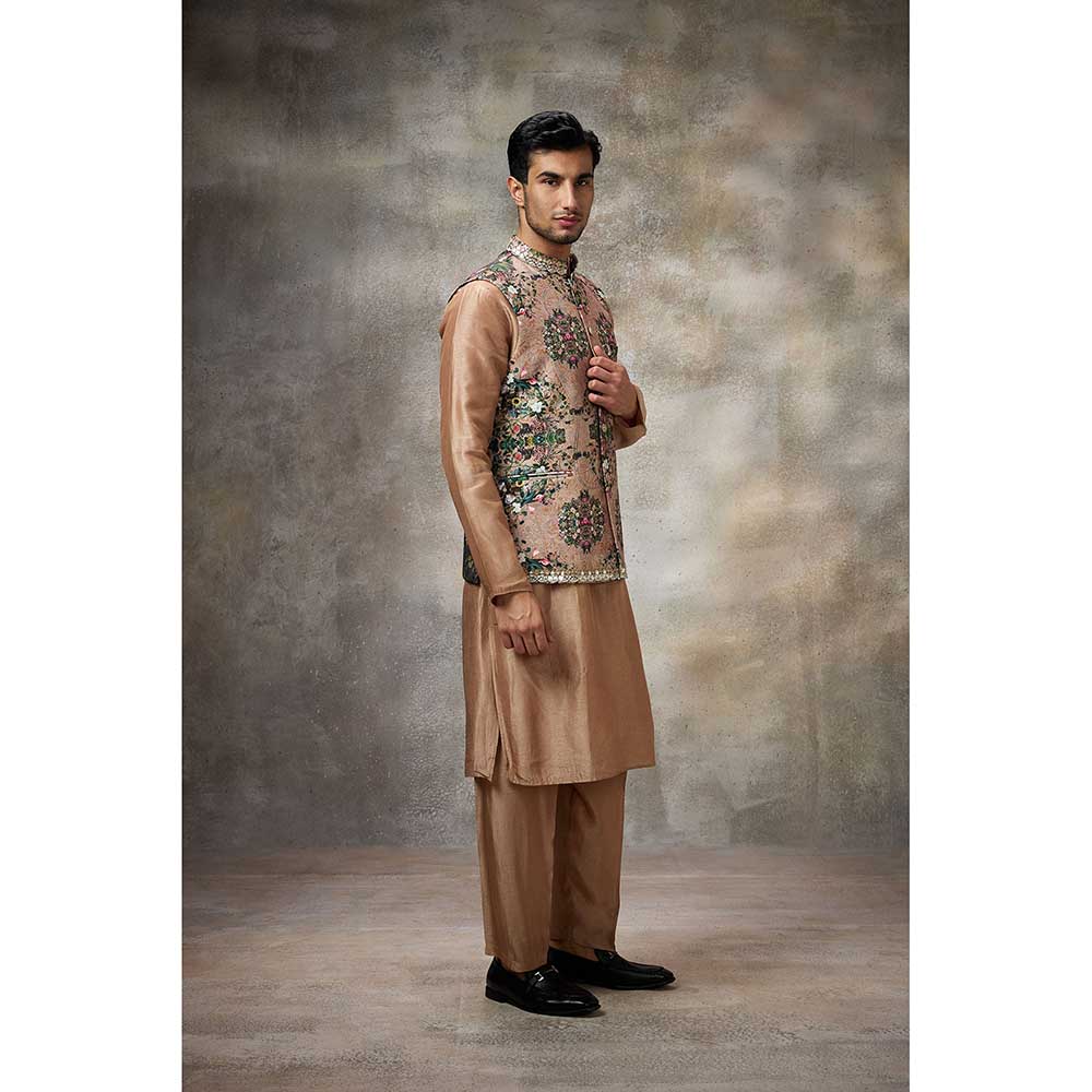 Rivaar by Rocky Star Beige Floral Kurta with Pant and Nehru Jacket (Set of 3)