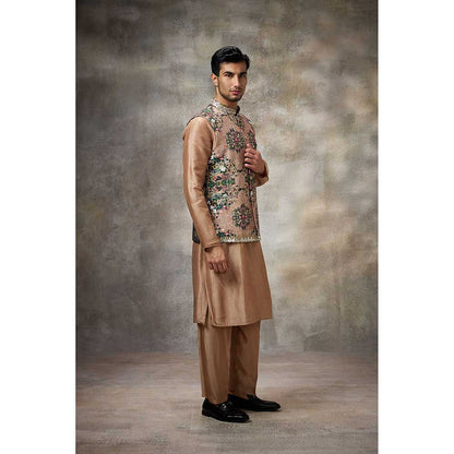 Rivaar by Rocky Star Beige Floral Kurta with Pant and Nehru Jacket (Set of 3)