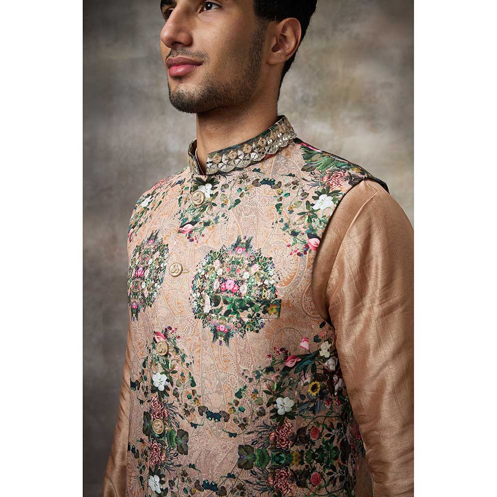 Rivaar by Rocky Star Beige Floral Kurta with Pant and Nehru Jacket (Set of 3)