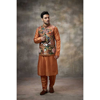Rivaar by Rocky Star Rust Printed Kurta with Pant and Nehru Jacket (Set of 3)