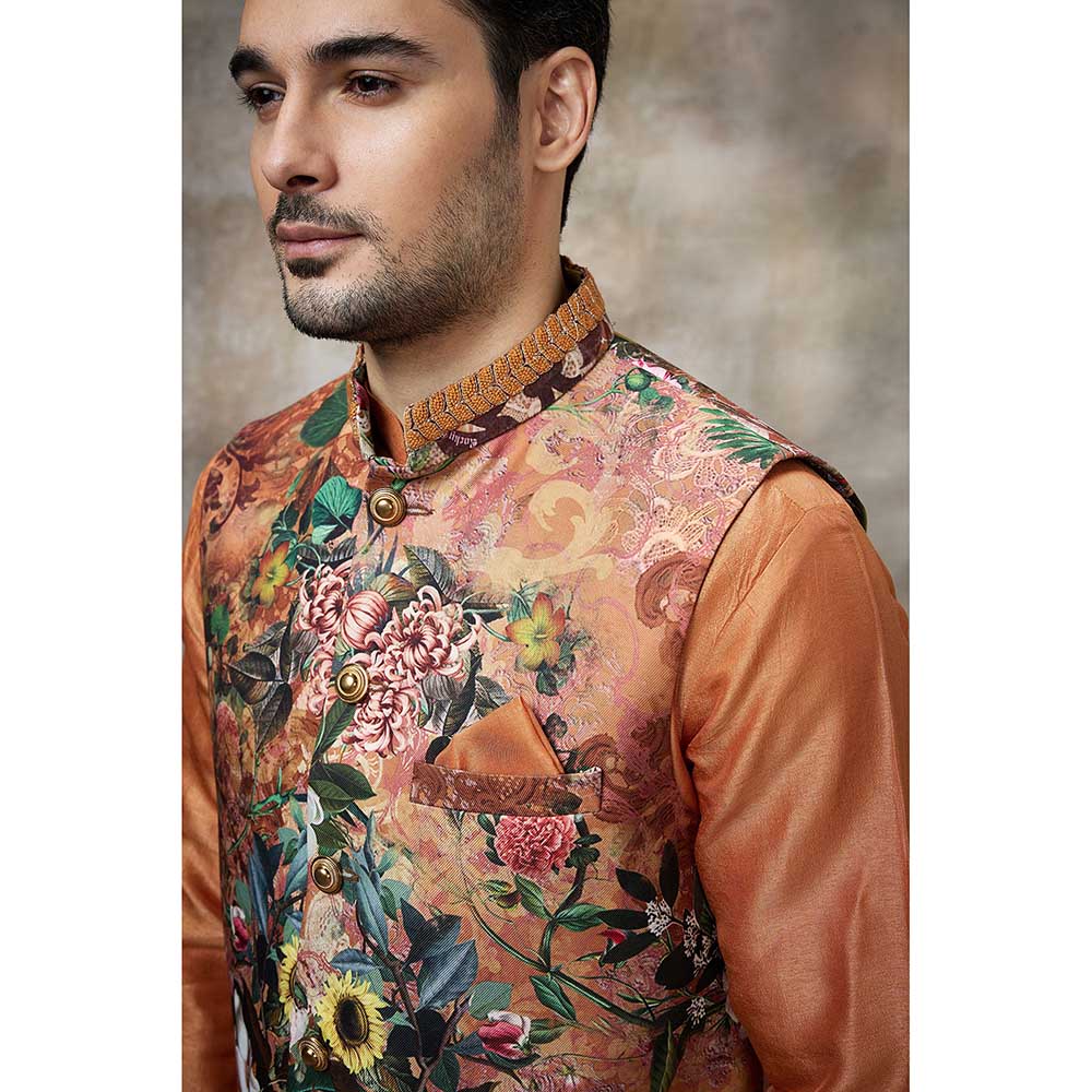 Rivaar by Rocky Star Rust Printed Kurta with Pant and Nehru Jacket (Set of 3)
