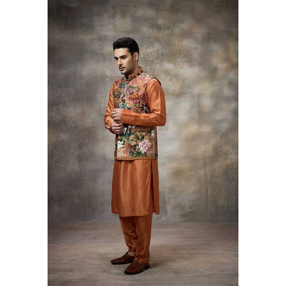 Rivaar by Rocky Star Rust Printed Kurta with Pant and Nehru Jacket (Set of 3)