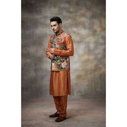 Rivaar by Rocky Star Rust Printed Kurta with Pant and Nehru Jacket (Set of 3)