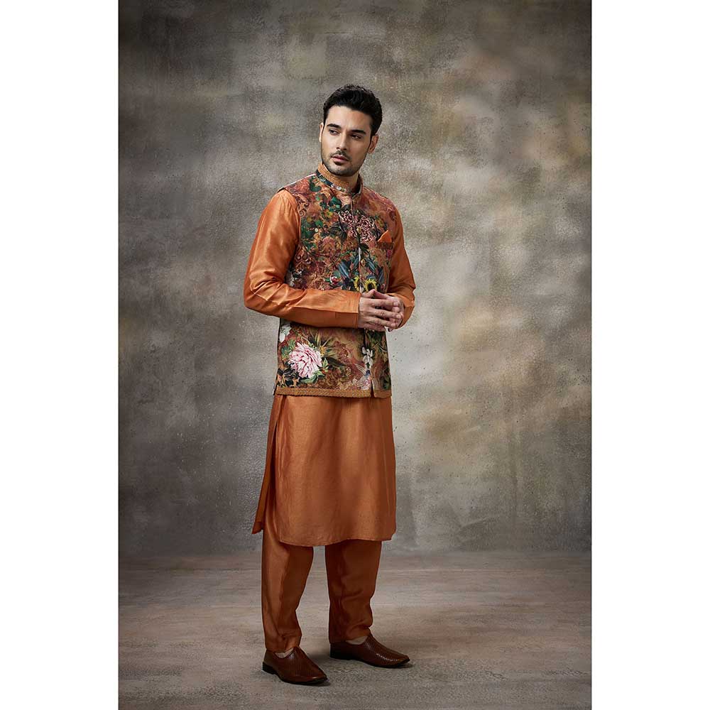Rivaar by Rocky Star Rust Printed Kurta with Pant and Nehru Jacket (Set of 3)