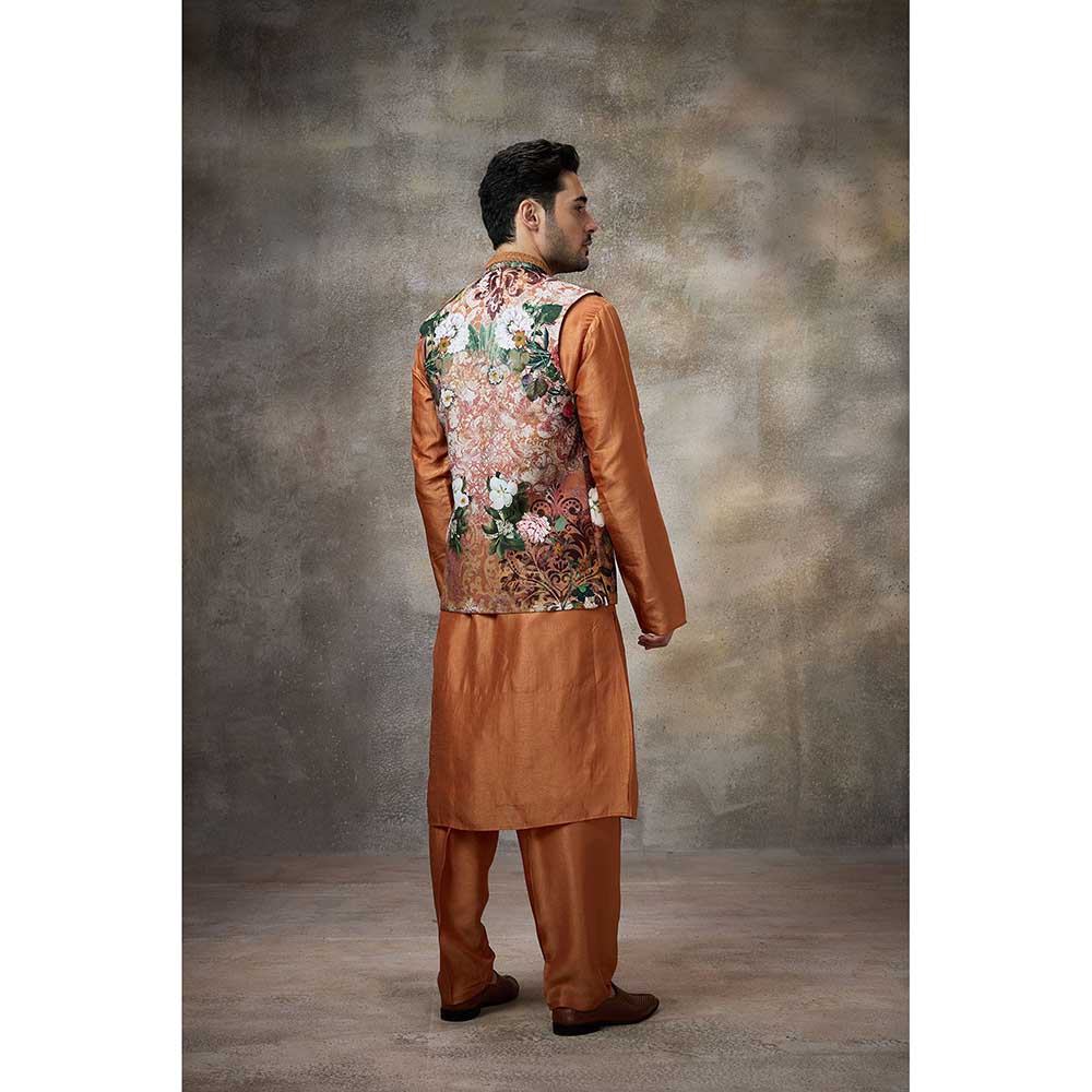 Rivaar by Rocky Star Rust Printed Kurta with Pant and Nehru Jacket (Set of 3)