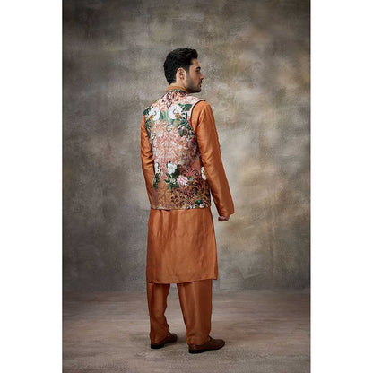 Rivaar by Rocky Star Rust Printed Kurta with Pant and Nehru Jacket (Set of 3)