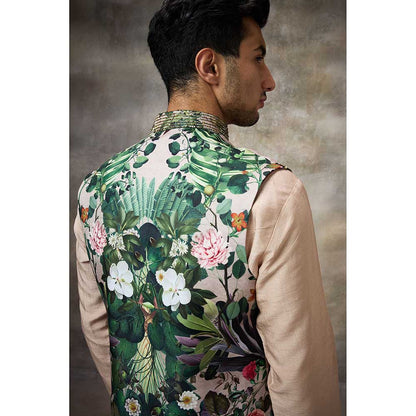 Rivaar by Rocky Star Beige Printed Kurta with Pant and Nehru Jacket (Set of 3)