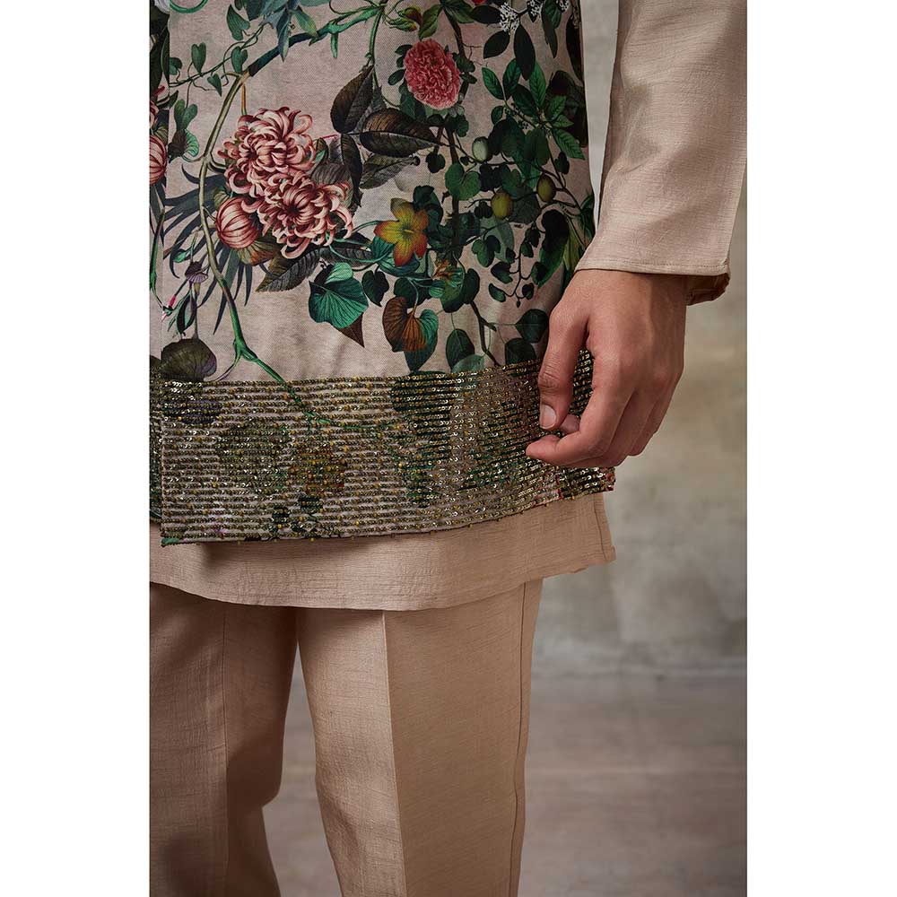Rivaar by Rocky Star Beige Printed Kurta with Pant and Nehru Jacket (Set of 3)