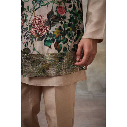 Rivaar by Rocky Star Beige Printed Kurta with Pant and Nehru Jacket (Set of 3)