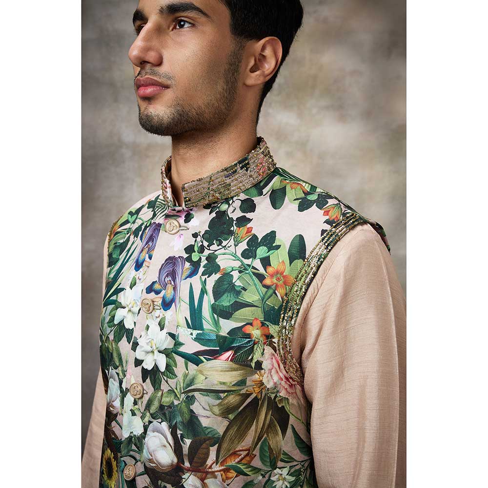 Rivaar by Rocky Star Beige Printed Kurta with Pant and Nehru Jacket (Set of 3)