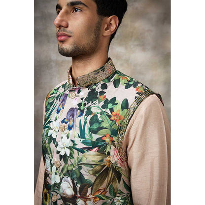 Rivaar by Rocky Star Beige Printed Kurta with Pant and Nehru Jacket (Set of 3)
