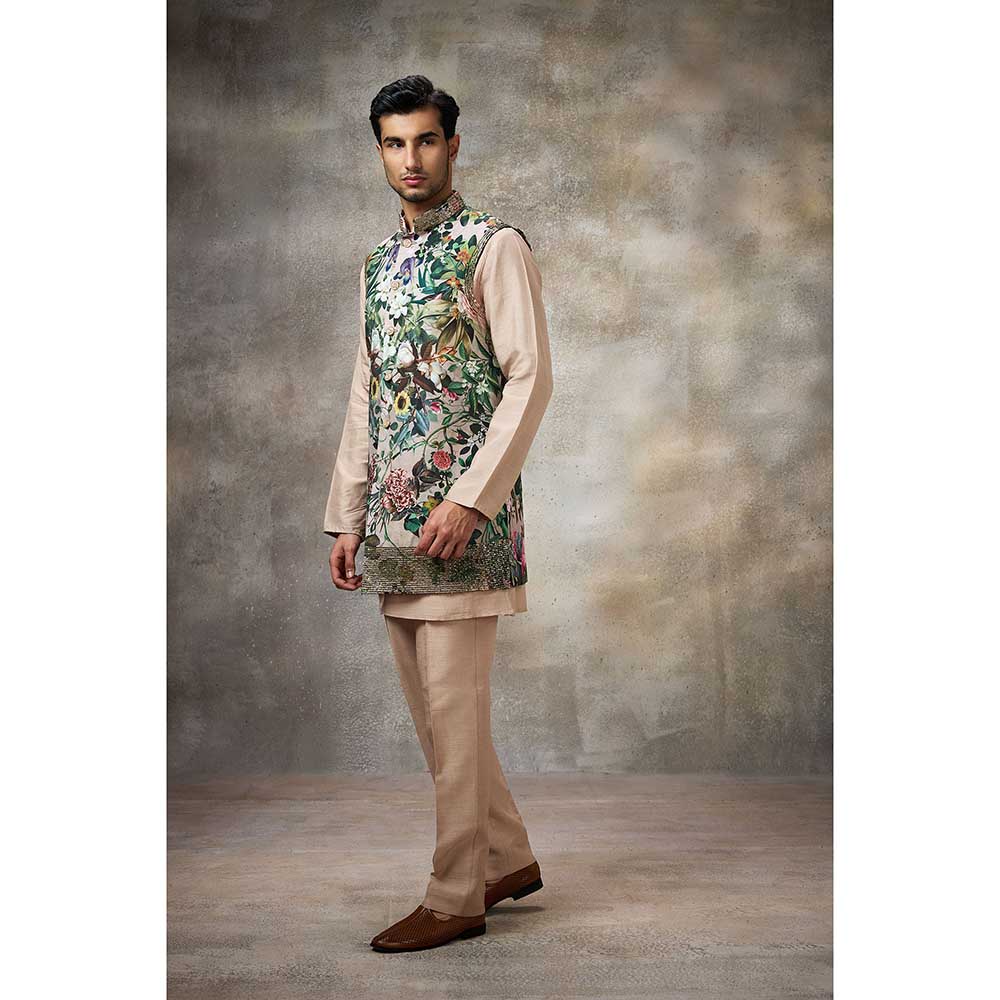 Rivaar by Rocky Star Beige Printed Kurta with Pant and Nehru Jacket (Set of 3)