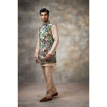Rivaar by Rocky Star Beige Printed Kurta with Pant and Nehru Jacket (Set of 3)