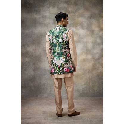 Rivaar by Rocky Star Beige Printed Kurta with Pant and Nehru Jacket (Set of 3)