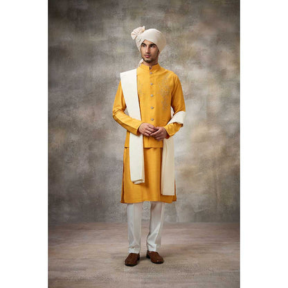 Rivaar by Rocky Star Yellow Embroidered Kurta with Pant and Nehru Jacket (Set of 3)