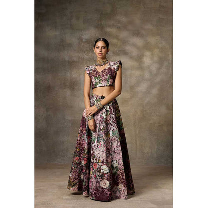 Rivaar by Rocky Star Maroon Botanical Print Lehenga with Blouse (Set of 2)