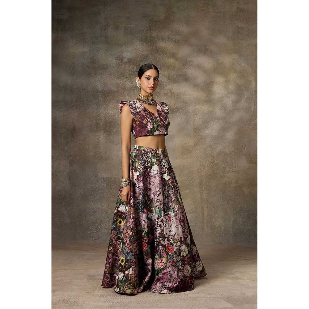 Rivaar by Rocky Star Maroon Botanical Print Lehenga with Blouse (Set of 2)