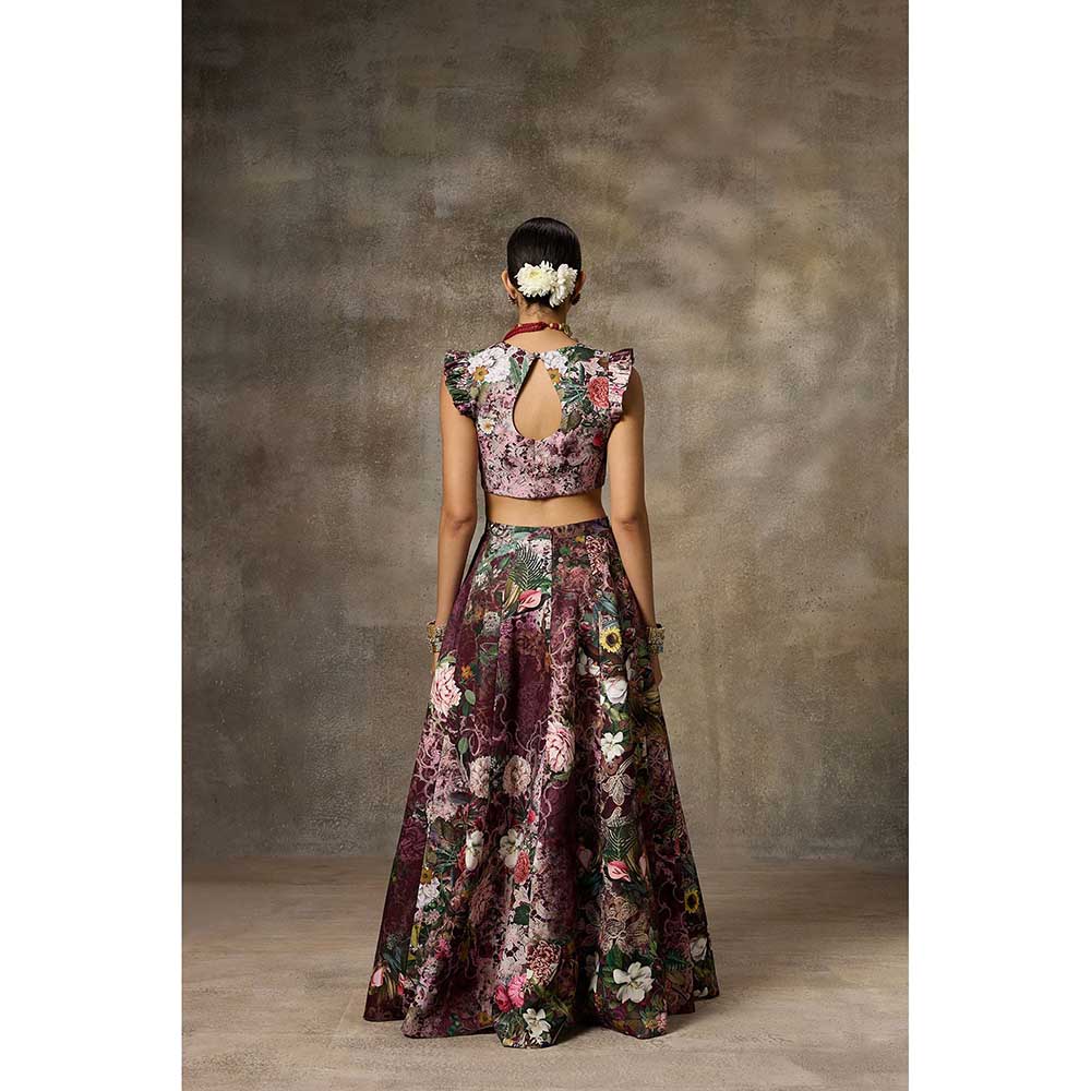 Rivaar by Rocky Star Maroon Botanical Print Lehenga with Blouse (Set of 2)