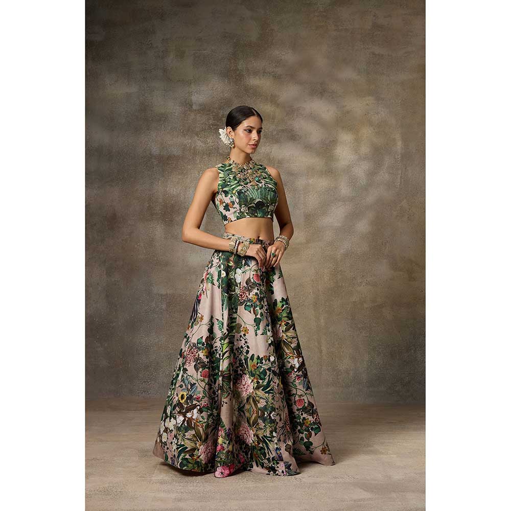 Rivaar by Rocky Star Green Floral Print Blouse with Lehenga (Set of 2)