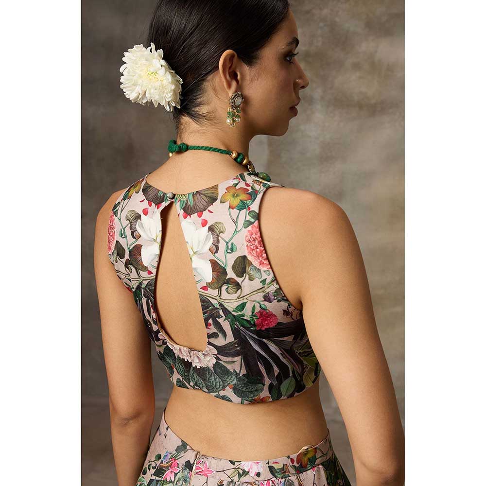 Rivaar by Rocky Star Green Floral Print Blouse with Lehenga (Set of 2)