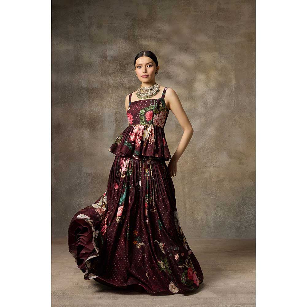 Rivaar by Rocky Star Burgundy Printed Peplum Top with Lehenga (Set of 2)