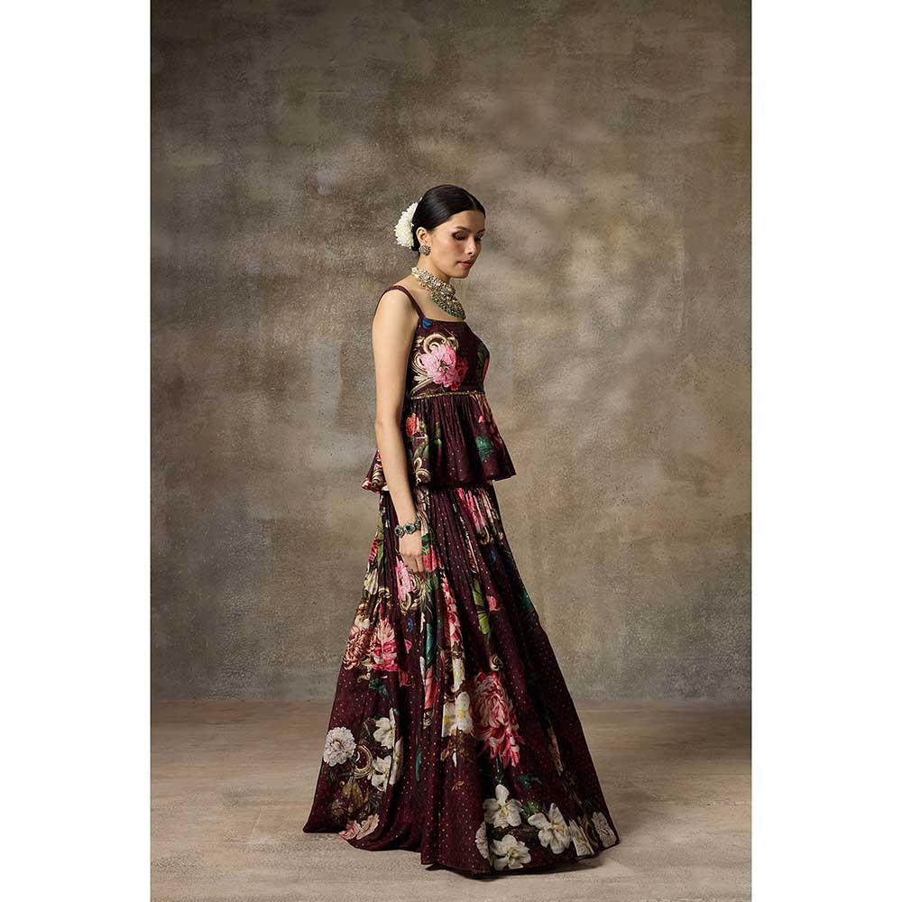 Rivaar by Rocky Star Burgundy Printed Peplum Top with Lehenga (Set of 2)