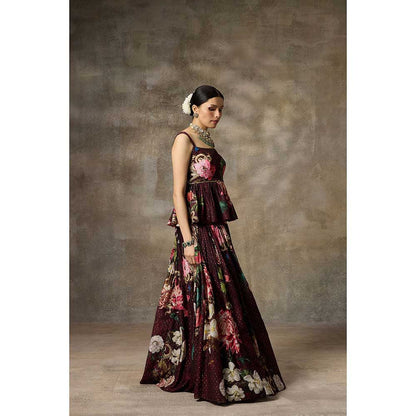 Rivaar by Rocky Star Burgundy Printed Peplum Top with Lehenga (Set of 2)